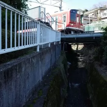 登山鉄道の下を潜る流れ